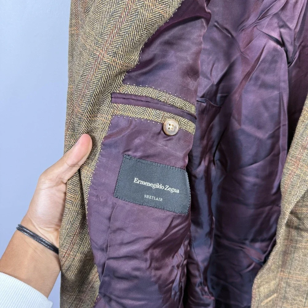 Ermenegildo Zegna Sport Coat Mens 50R Brown Herringbone Wool Cashmere Tweed